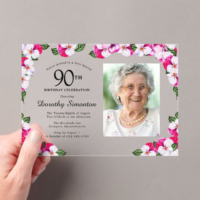 Pretty Magenta Pink White Photo 90th Birthday Acrylic Invitations (Insitu (Handheld))
