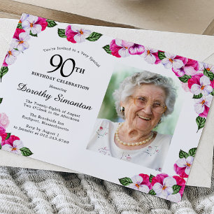 Pretty Magenta Pink White Photo 90th Birthday Invitation