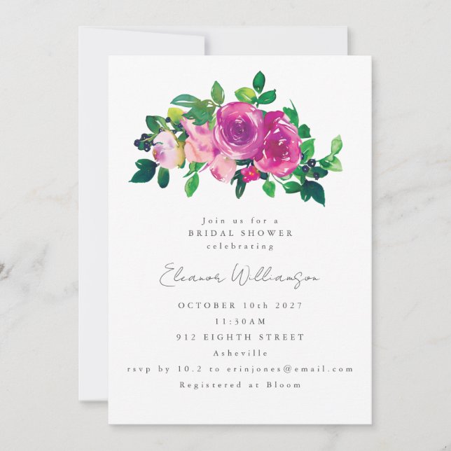 Pretty Magenta Watercolor Flowers Bridal Shower Invitation (Front)