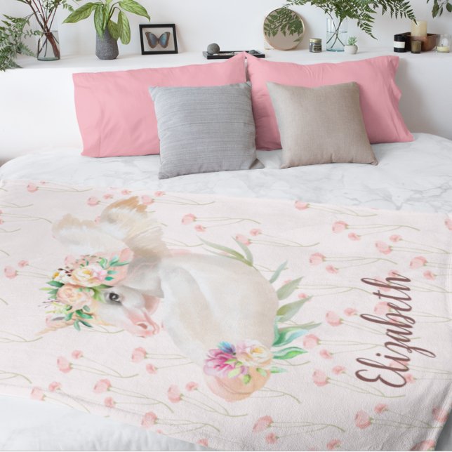 Pretty Magical Unicorn Pink Floral Fleece Blanket (Creator Uploaded)
