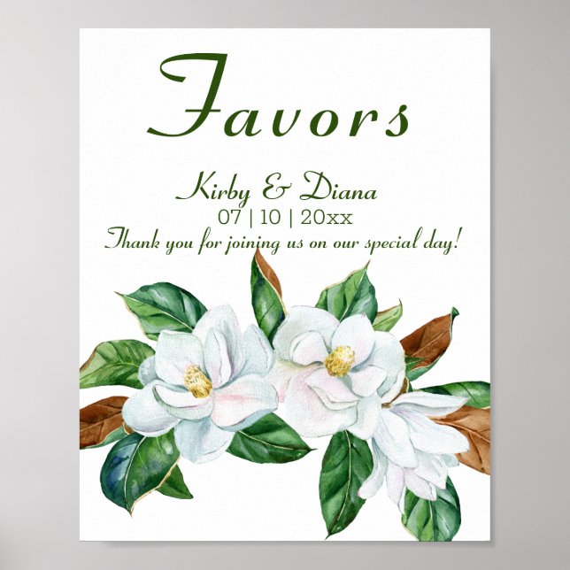 Pretty Magnolia Bouquet Wedding Favours Sign (Front)