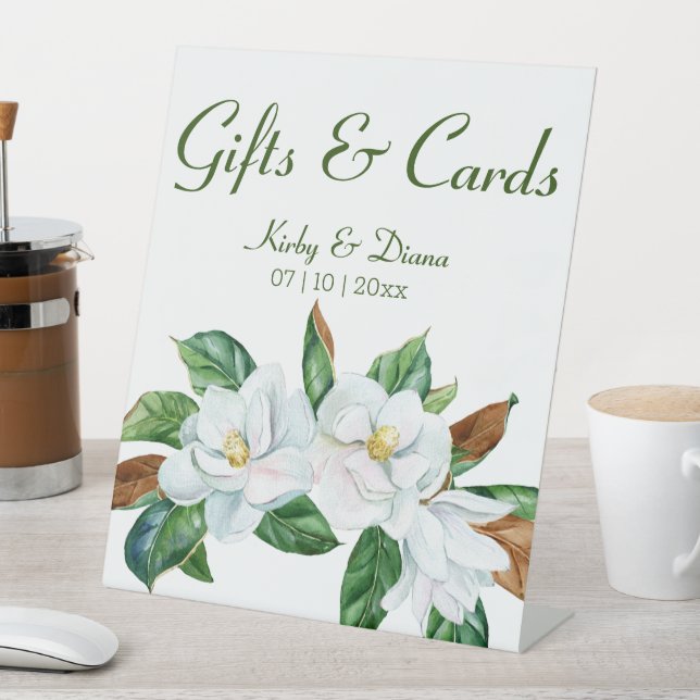 Pretty Magnolia Bouquet Wedding Gifts & Cards Pedestal Sign (In SItu)