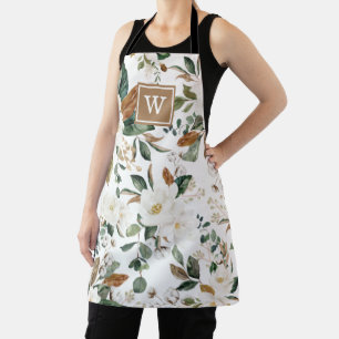 Pretty Magnolia Floral Botanical Greenery Monogram Apron