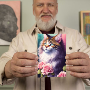 Pretty Maine Coon & Flowers Portrait  Card