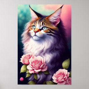 Pretty Maine Coon & Flowers Portrait Poster