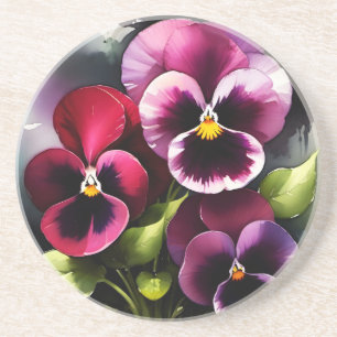 Pretty maroon daek red pansies watercolor painting coaster