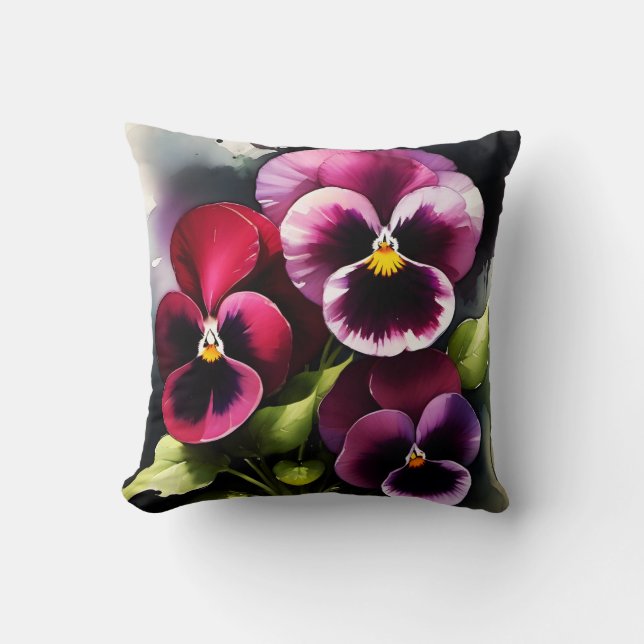 Pretty maroon daek red pansies watercolor painting cushion (Front)