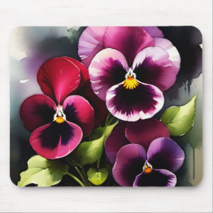 Pretty maroon daek red pansies watercolor painting mouse pad