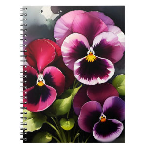 Pretty maroon daek red pansies watercolor painting notebook