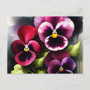Pretty maroon daek red pansies watercolor painting postcard