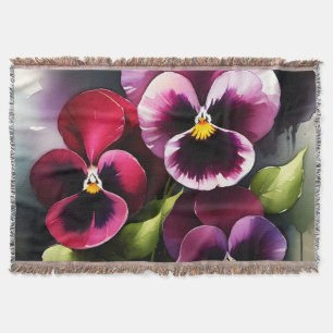 Pretty maroon daek red pansies watercolor painting throw blanket