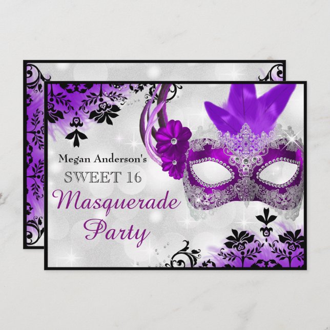 Pretty Mask & Damask Purple Masquerade Sweet 16 Invitation (Front/Back)