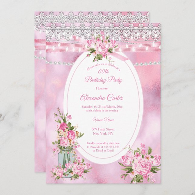 Pretty Mason Jar Pearl String Lights Floral Pink Invitation (Front/Back)