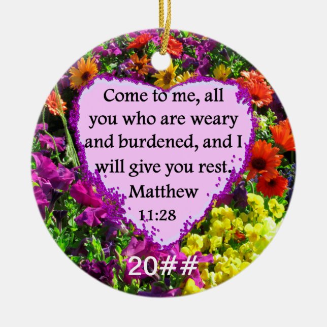 PRETTY MATTHEW 11:28 PURPLE FLORAL DESIGN CERAMIC ORNAMENT (Front)