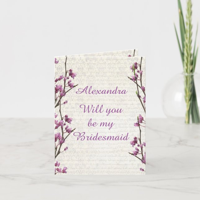 Pretty mauve blossom will you be my bridesmaid invitation (Front)