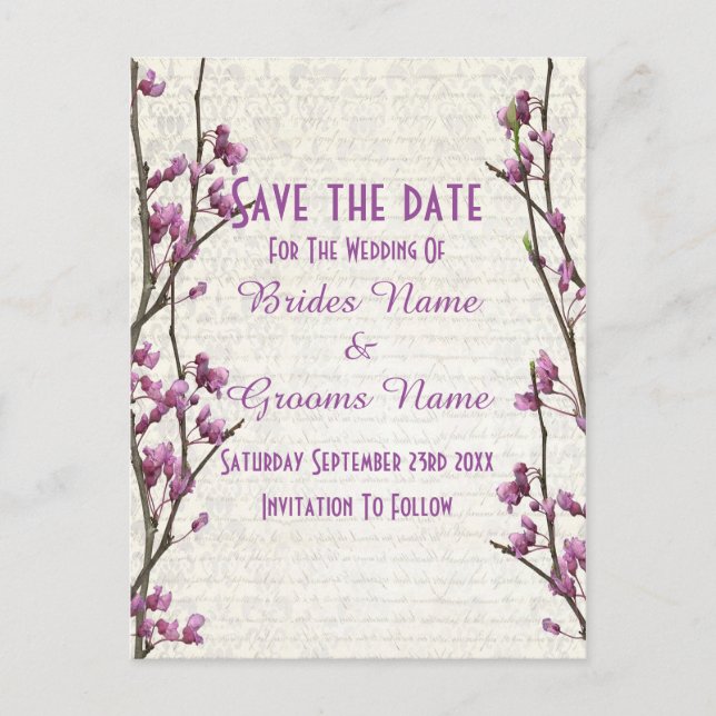 Pretty mauve floral country style save the date announcement postcard (Front)