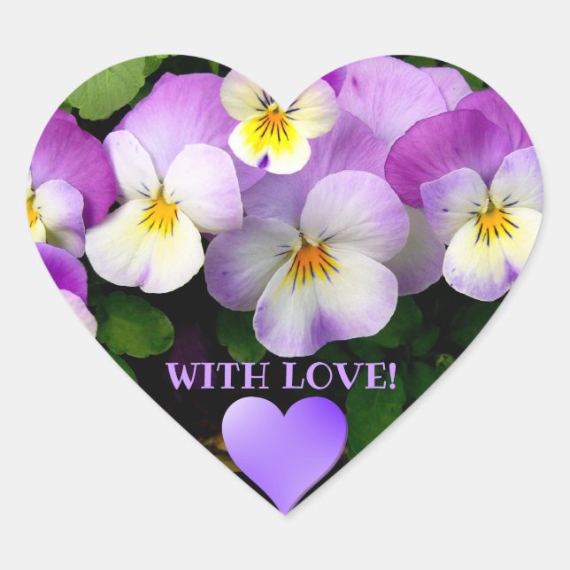 Pretty Mauve Pansies and heart With Love Heart Sticker (Front)