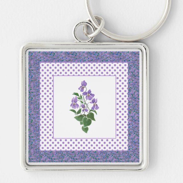 Pretty Mauve Violets Floral and Polka Dot Keychain (Front)