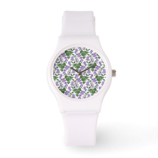 Pretty Mauve Violets Floral White Sporty Watch (Front)