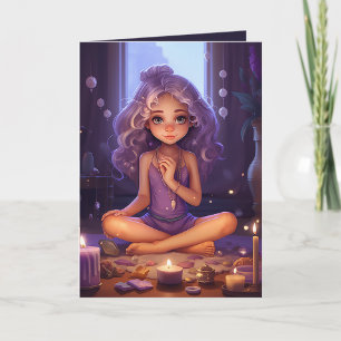 Pretty Meditating Yoga Girl Purple Gold Birthday Card