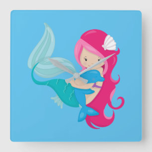 Pretty Mermaid and Dolphin Square Wall Clock