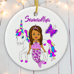 Pretty Mermaid and Unicorn Personalised Christmas Ceramic Ornament<br><div class="desc">Cute cartoon whimsical hand drawn folk art style African-American,  Hispanic or Bi-racial Mermaid Princess and Unicorn with purple and pink butterfly  personalised Christmas ornament.</div>