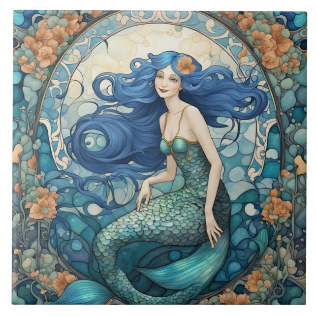 Pretty Mermaid Art Nouveau Art Deco Blue Ceramic Tile (Front)