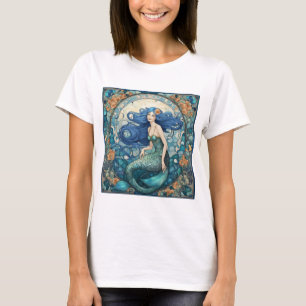 Pretty Mermaid Art Nouveau Art Deco Blue T-Shirt