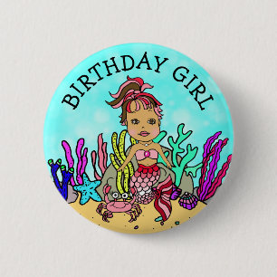 Pretty Mermaid Birthday Girl 6 Cm Round Badge