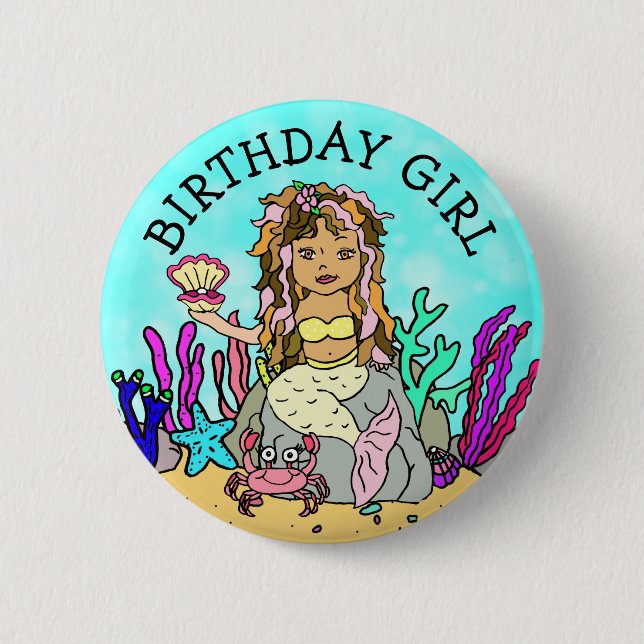 Pretty Mermaid Birthday Girl 6 Cm Round Badge (Front)
