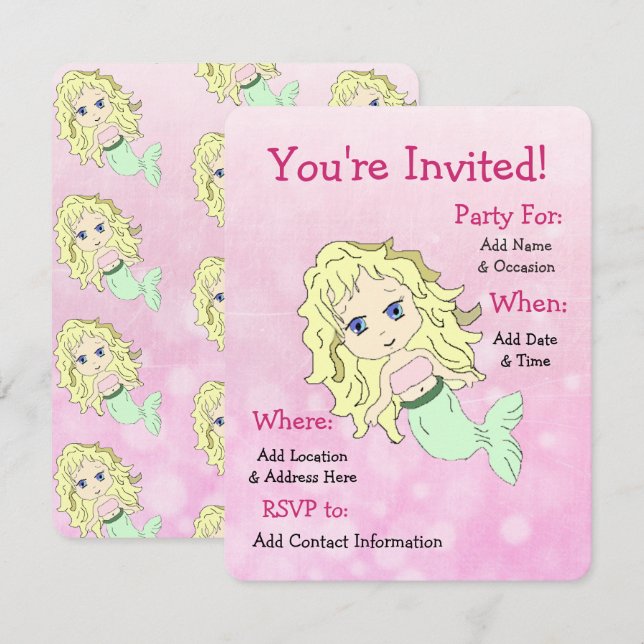 Pretty Mermaid Birthday Party Invitations (Front/Back)