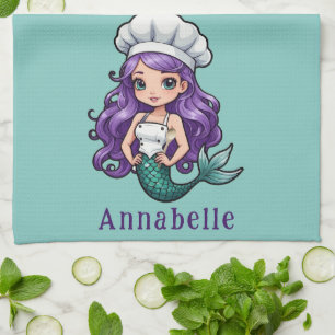 Pretty Mermaid Chef with Purple Hair Tea Towel