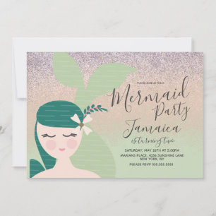 Pretty Mermaid Faux Glitter  Birthday Invitation