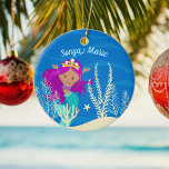 Pretty Mermaid Girl Ocean Childrens Custom Beach Ceramic Ornament<br><div class="desc">Cute custom mermaid Christmas ornament gift that features an adorable pink haired Hispanic girl with a cool teal tail swimming next to beautiful seashells in the ocean. Cool  present for a beach girl who loves to swim.</div>