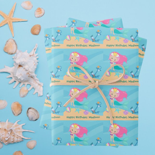 Pretty Mermaid Girl Personalised Beach Birthday Wrapping Paper Sheet (Creator Uploaded)
