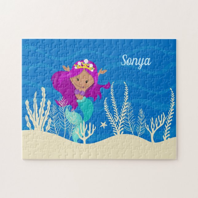 Pretty Mermaid Girl Personalised Kids Blue Ocean Jigsaw Puzzle (Horizontal)