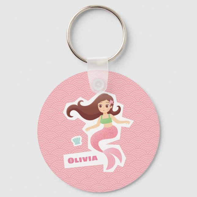 Pretty Mermaid Girl Wave Pattern Pink Keychain (Front)