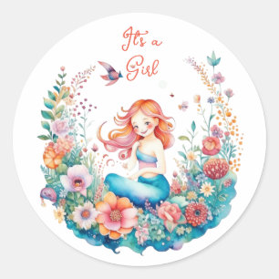 Pretty Mermaid Girl's Baby Shower It's a Girl Classic Round Sticker
