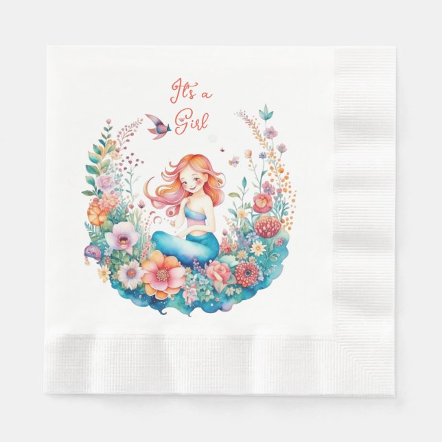 Pretty Mermaid Girl's Baby Shower It's a Girl Napkin (Front)