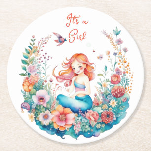 Pretty Mermaid Girl's Baby Shower It's a Girl Round Paper Coaster