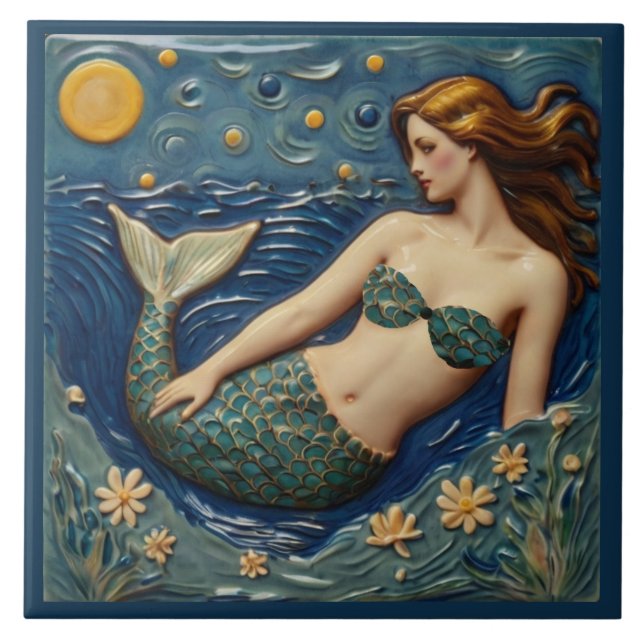 Pretty Mermaid in the Sea Ocean Fairytale Ceramic Tile (Front)