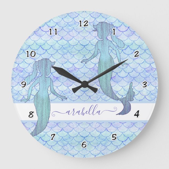 Pretty Mermaid Little Girl Name Watercolor Pattern Large Clock (Front)