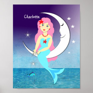 Pretty Mermaid On The Moon Personalised Poster