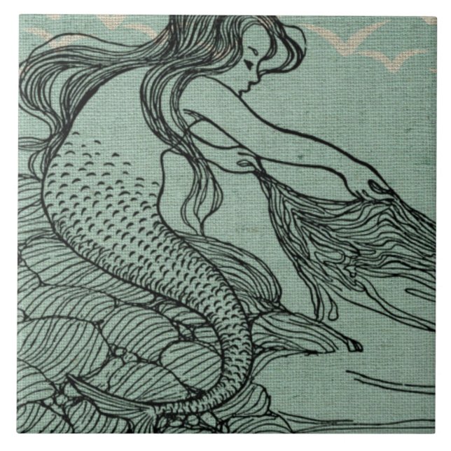Pretty Mermaid On The Sea Shore Nautical Scene Ceramic Tile (Front)