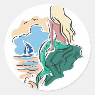 pretty mermaid sitting on rock classic round sticker