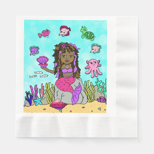 Pretty Mermaid Tropical Themed Birthday Napkin (Front)