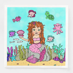 Pretty Mermaid with Red hair Girls Birthday Party Napkin