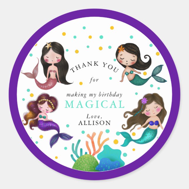 Pretty Mermaids Under the Sea Girls Birthday  Classic Round Sticker (Front)