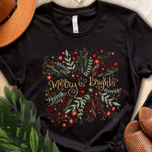 Pretty Merry and Bright Floral Christmas Holiday T-Shirt