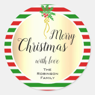 Pretty Merry Christmas Design Gold with Mistletoe Classic Round Sticker